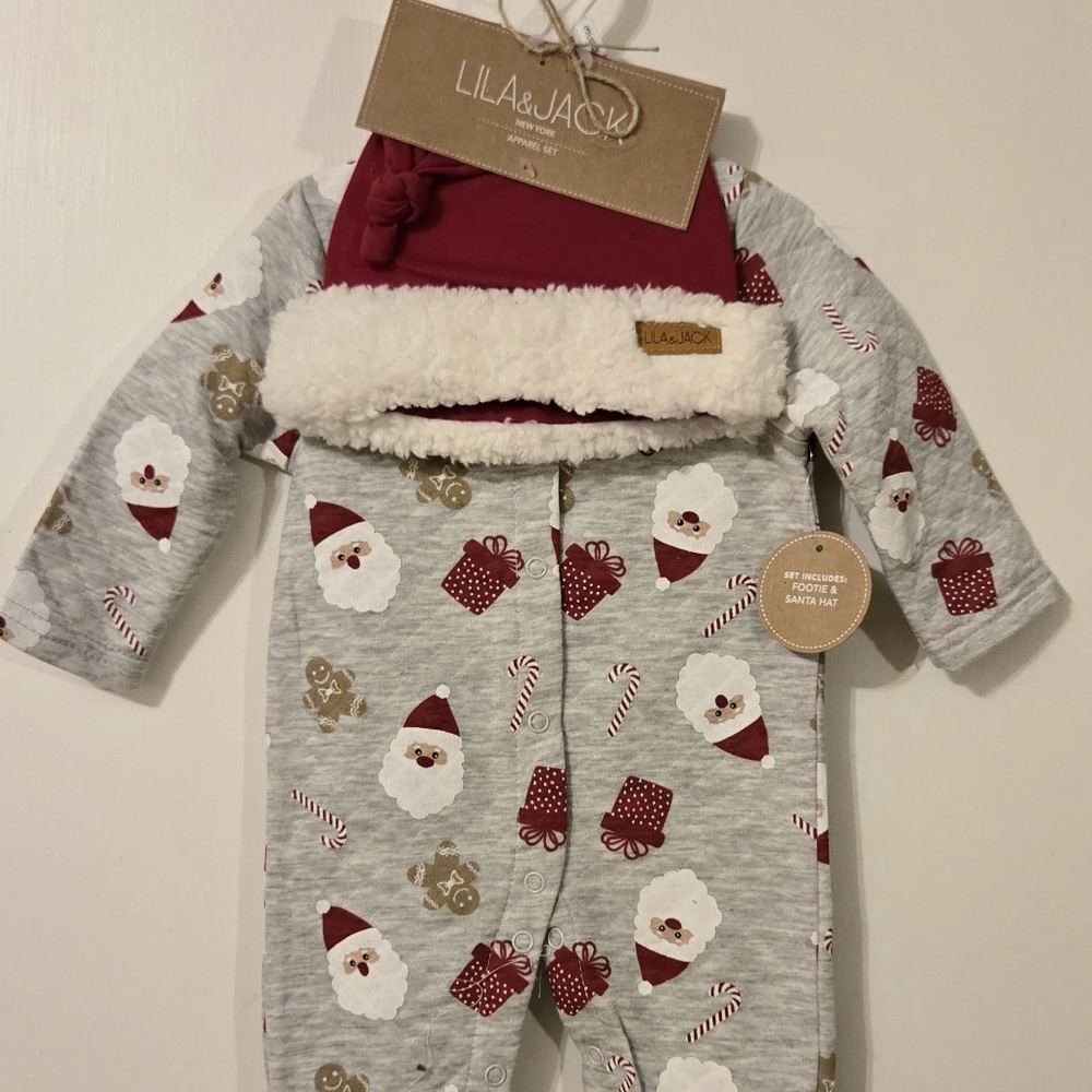 Lila And Jack Festive Santa Print Kids Footie With Matching Hat